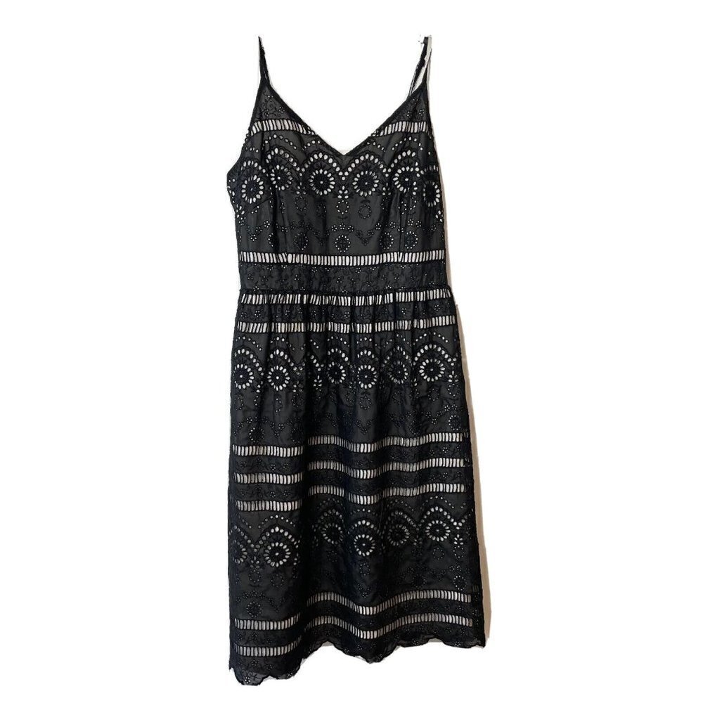 Monsoon Sleeveless Eyelet‎ Lace V-neck Dress Black 10 Midi Spaghetti Sleeve